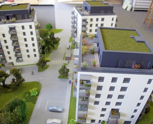 Farebný prezentačný model bytového komplexu s nasvietením objektov modelu