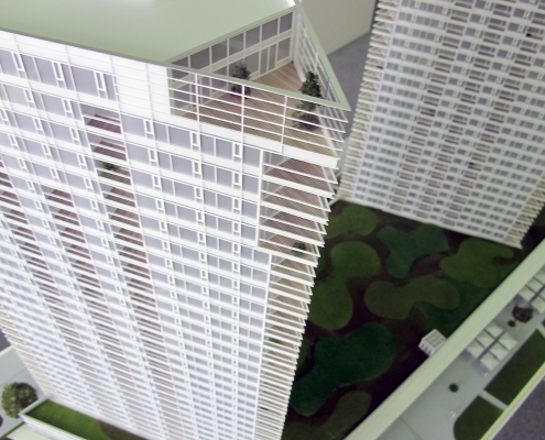 Farebný prezentačný model bytového komplexu s nasvietením