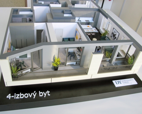 Detailný plnofarebný 3D model 4-izbového bytu developerského projektu Downtown Yards v Bratislave, s podsvietením